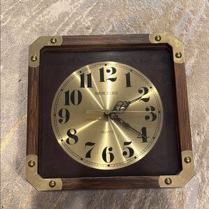 Vintage MCM Mercedes Square Wall Clock 11’ brass face and corners